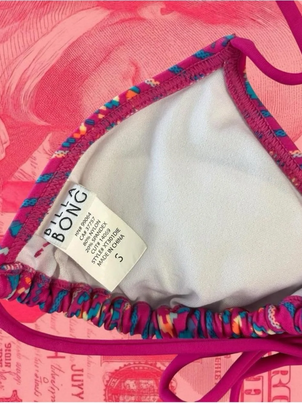 billabong y2k pink and purple paisley tribal pattern print triangle bikini top s